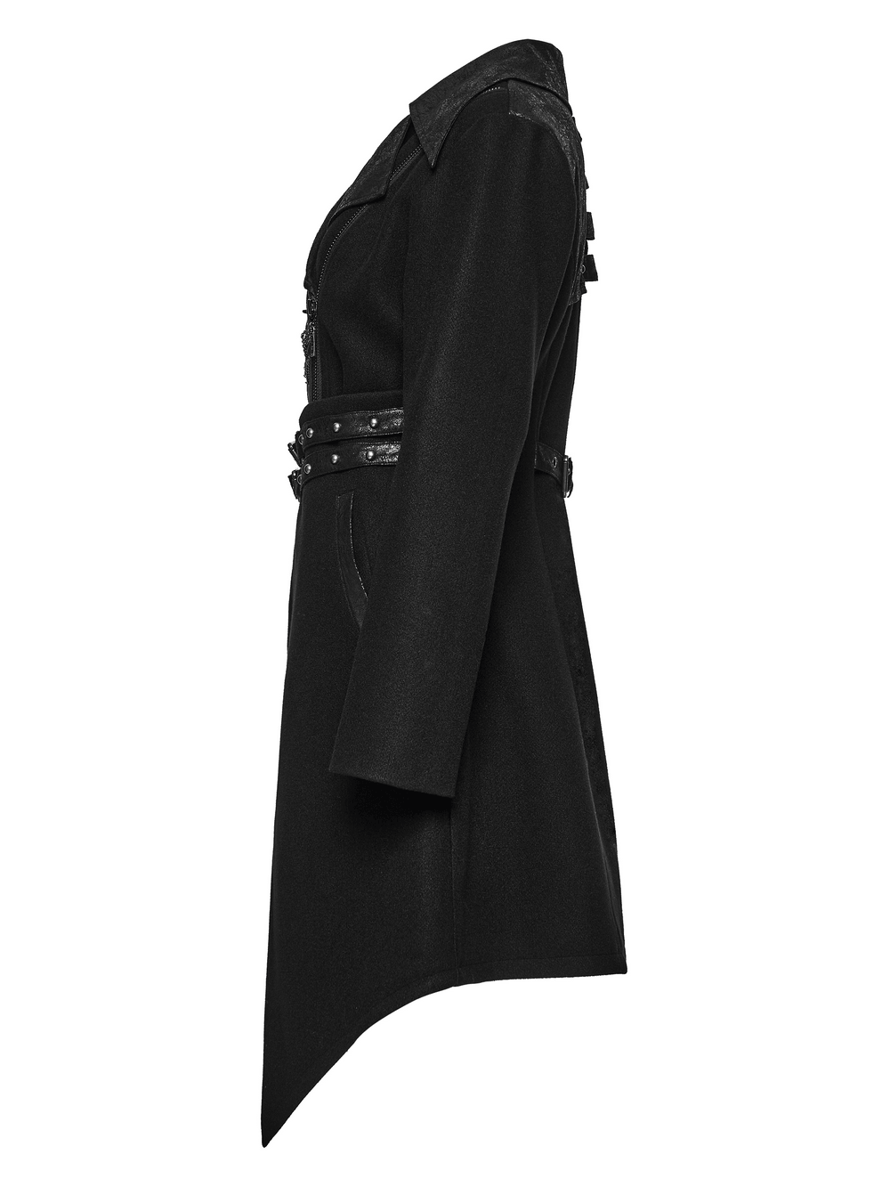 Women's Gothic Asymmetrical Coat with Buckle Details side view showcasing unique design and buckle accents.