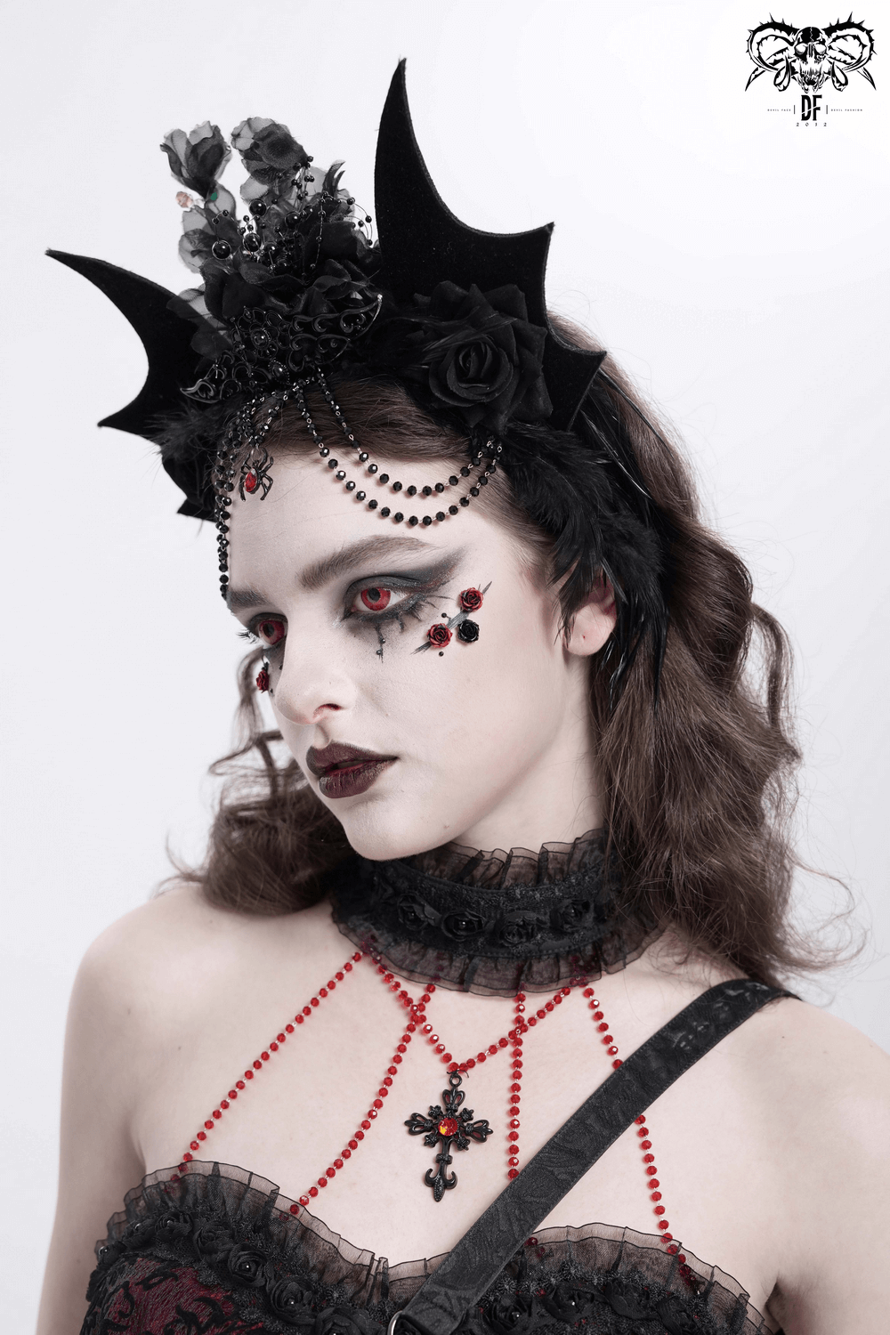 Women's Gothic Bat Crown adorned with roses and bead chains, showcasing a bold, elegant headpiece for themed events.