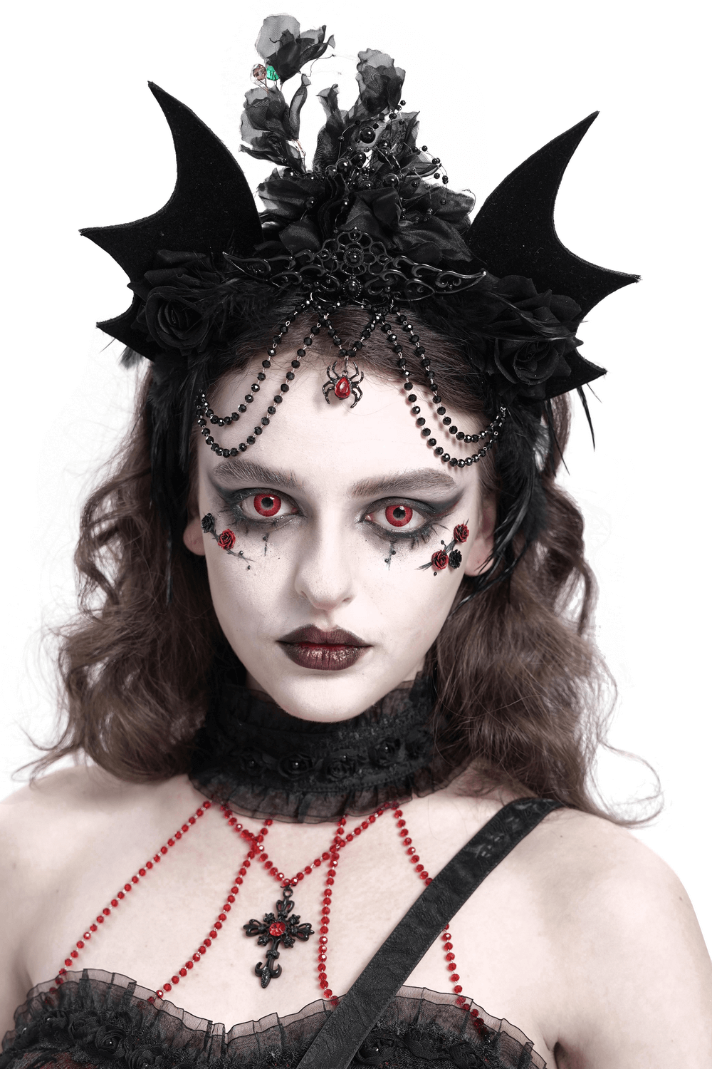 Women’s Gothic Bat Crown with roses, feathers, and beads for a dramatic, elegant look in dark fashion.