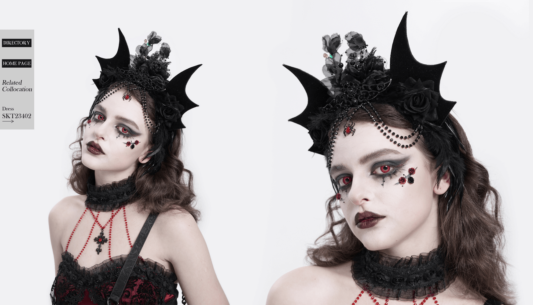 Women's Gothic Bat Crown with roses and feathers, featuring dramatic bat wings and bead chains, perfect for themed events.