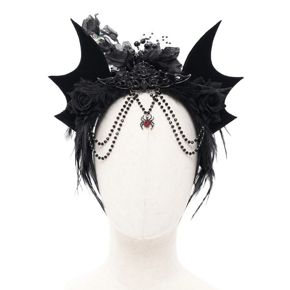 Gothic bat crown headdress for women adorned with roses, feathers, and bead chains, perfect for themed events.