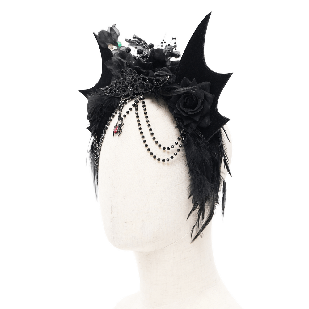 Women's Gothic Bat Crown with roses, feathers, and bead chains, perfect for themed events and bold styles.