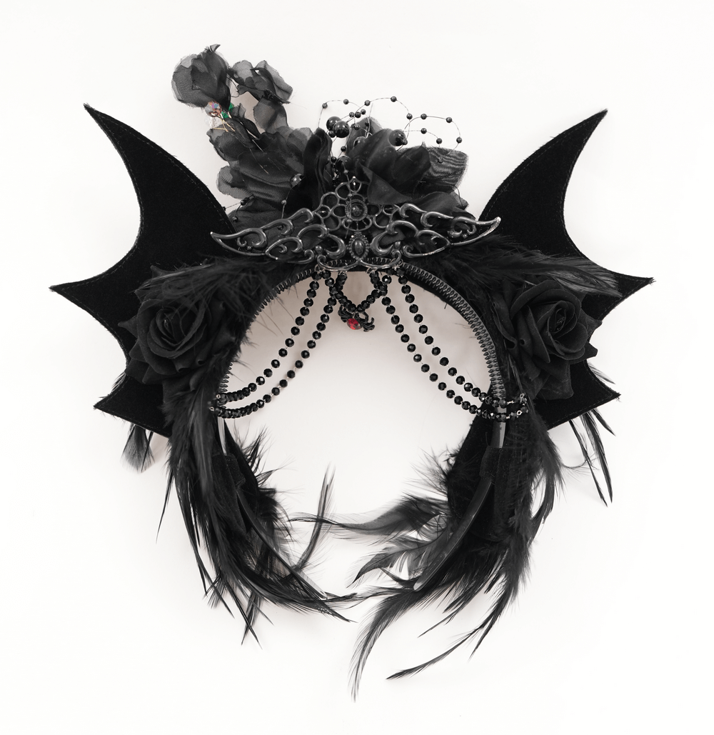 Dramatic Women's Gothic Bat Crown with roses, feathers, and bead chains, perfect for themed events.