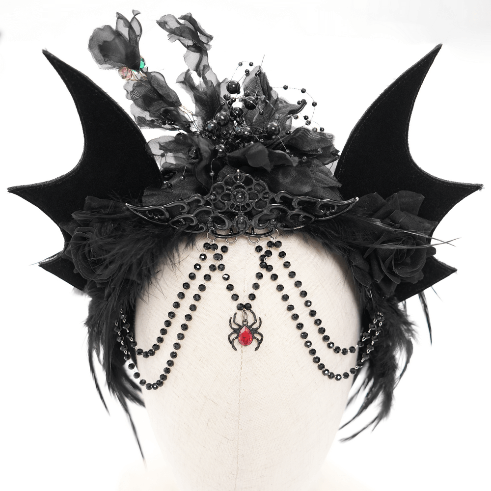 Women's Gothic Bat Crown with roses, feathers, and bead chains for a dramatic look.