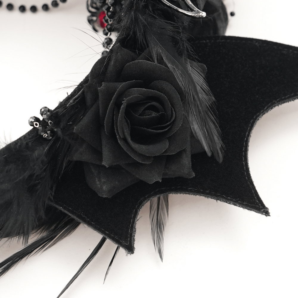 Black Gothic Bat Crown with roses and feathers, featuring intricate bead chains and elegant floral accents.