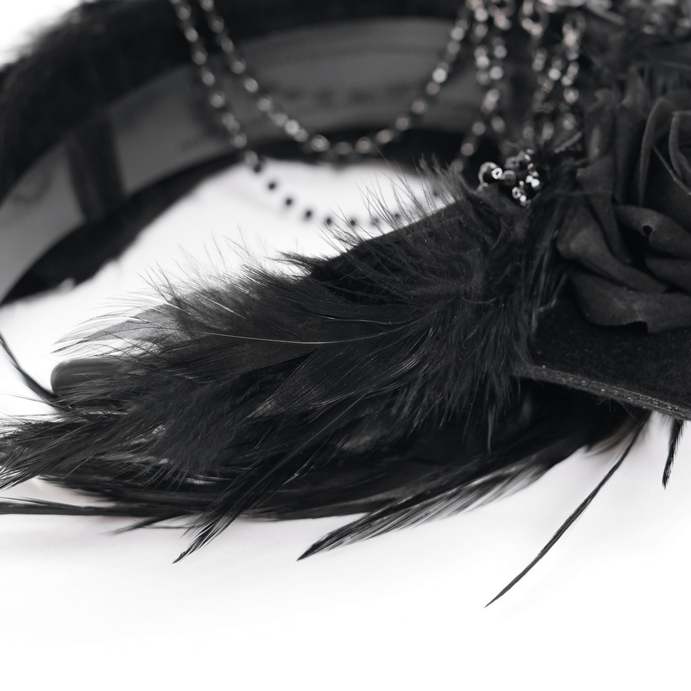 Black Gothic Bat Crown featuring roses, feathers, and bead chains for dramatic flair.