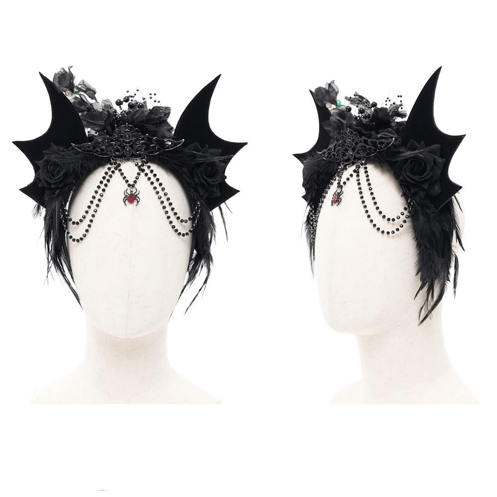 Black Gothic Bat Crown with roses and feathers, featuring dramatic bat wings and bead chains for a unique headpiece.