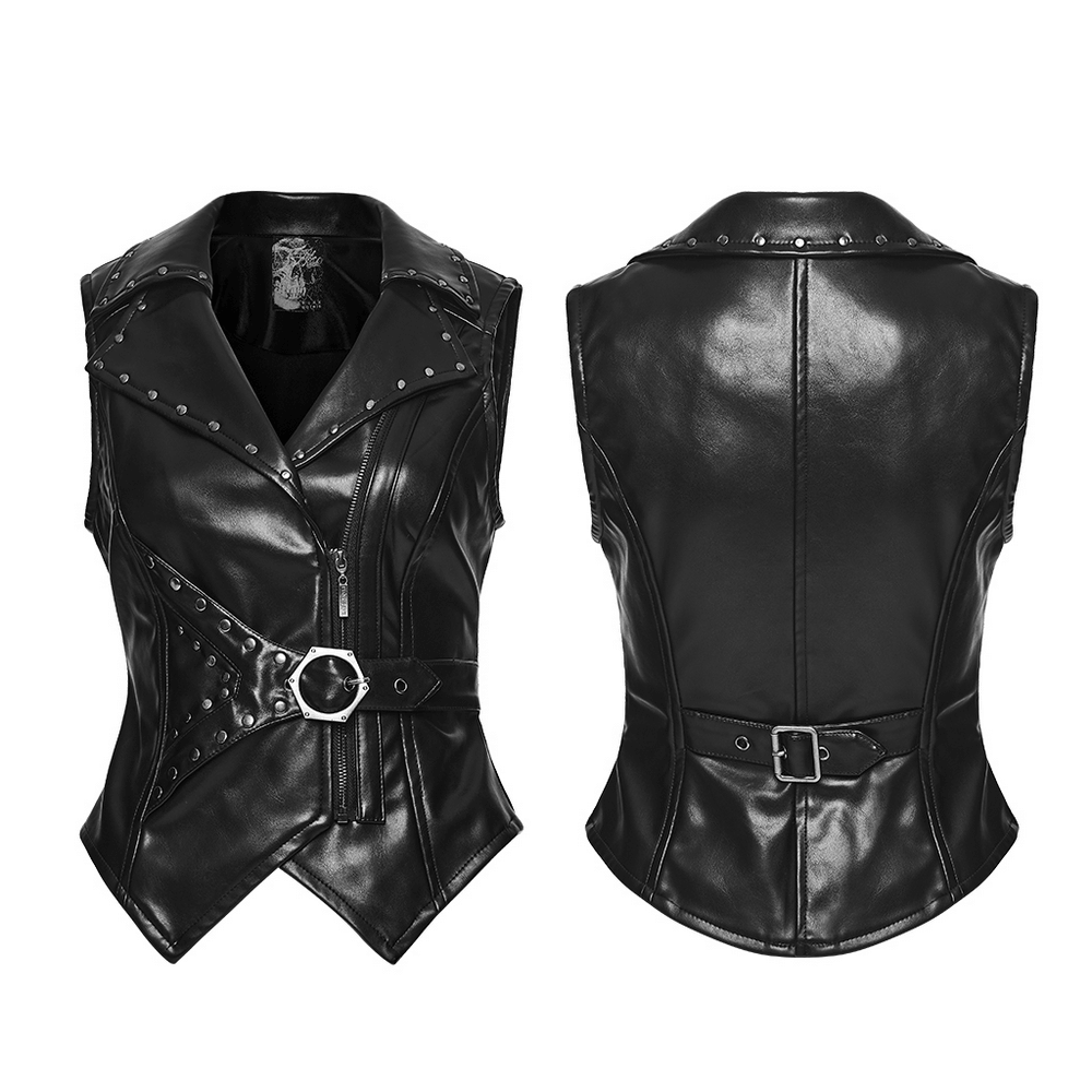 Women's Gothic Biker Vest with Studs and Buckle Detail showcasing front and back views with rivets and belt.