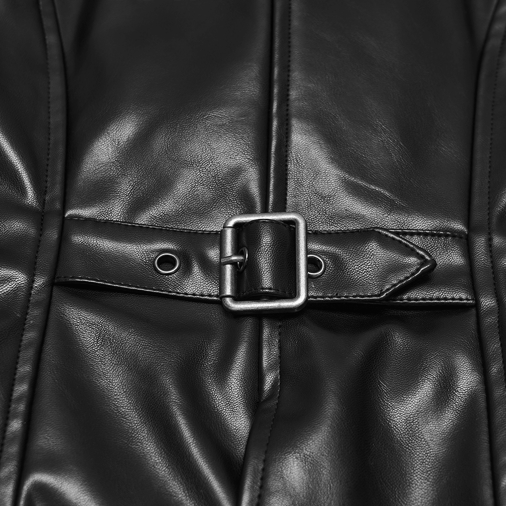 Close-up of Women's Gothic Biker Vest with Studs and Buckle Detail showcasing the buckle and rivet details.