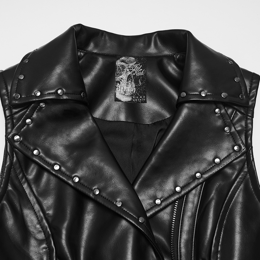 Women's Gothic Biker Vest with Studs and Buckle Detail featuring studded lapels and black faux leather finish.