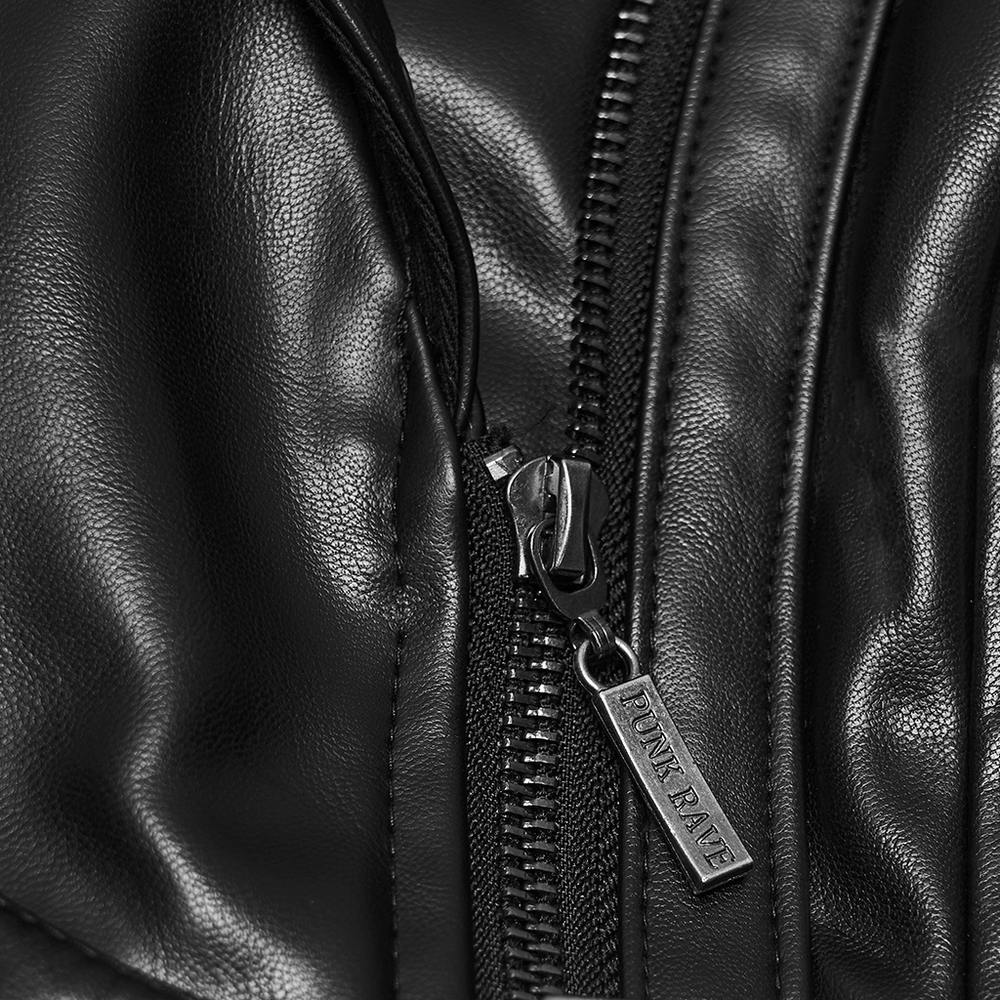 Close-up of the zipper detail on a Women's Gothic Biker Vest with Studs and Buckle Detail.