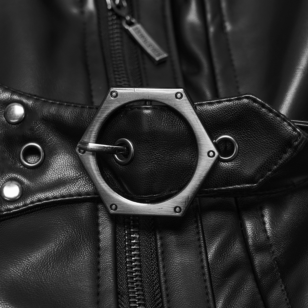 Women's Gothic Biker Vest with Studs and Buckle Detail showcasing a detailed hexagonal metal buckle.