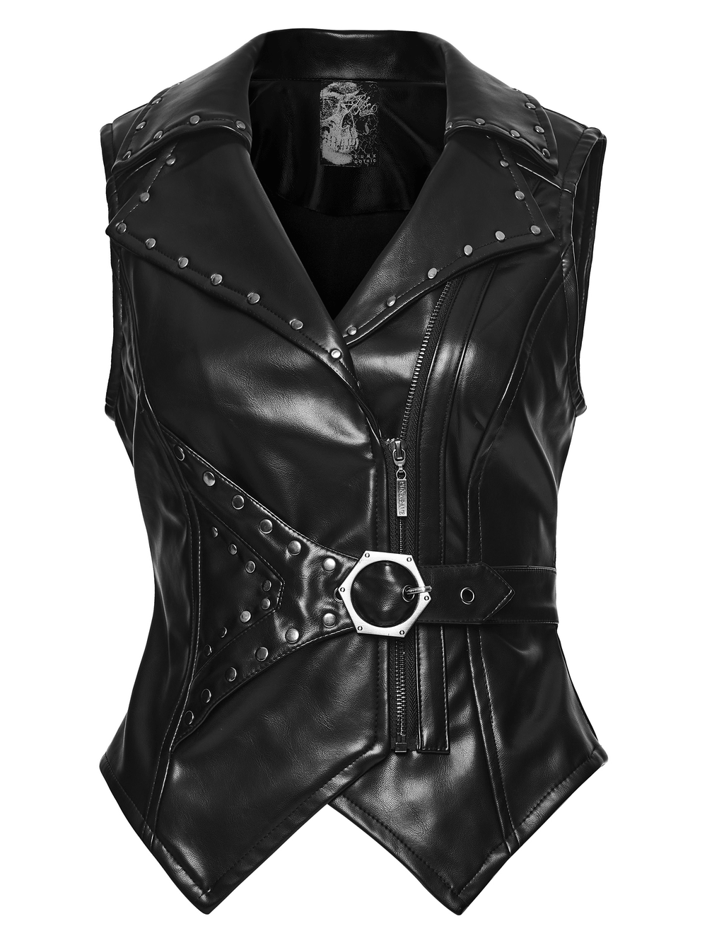 Women's Gothic Biker Vest with Studs and Buckle Detail featuring asymmetrical zip and riveted designs.
