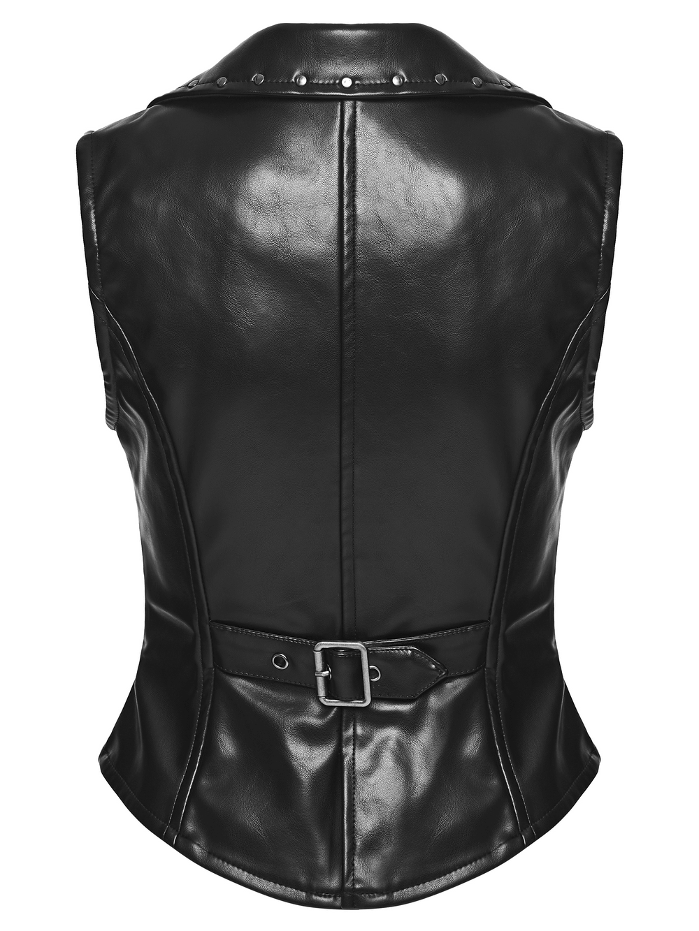 Women's Gothic Biker Vest with Studs and Buckle Detail - Back view showcasing rivets and waist belt.