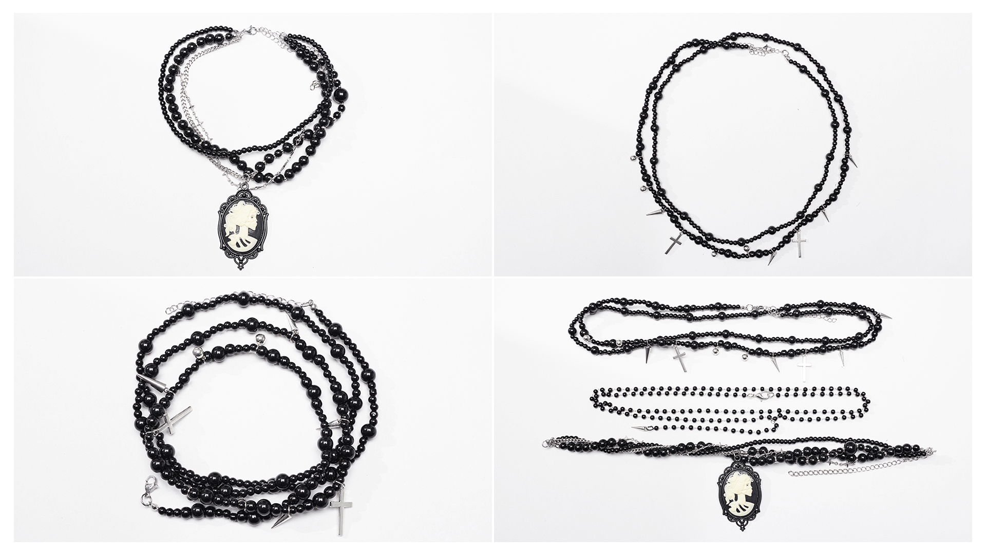 Women's Gothic black beaded necklace featuring a skull cameo and cross pendants, showcasing layered glass bead design.