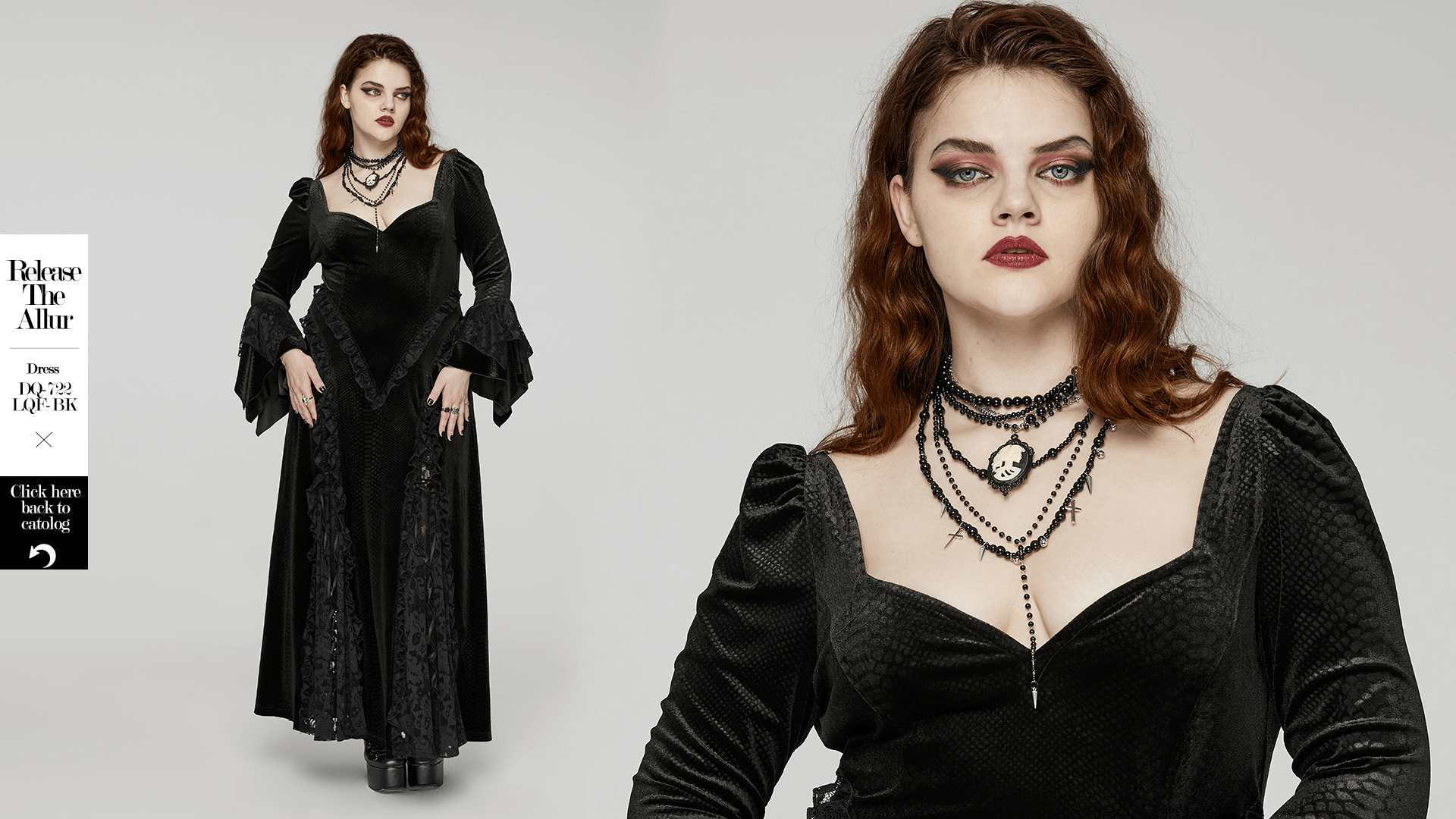 Woman modeling a stylish black Gothic dress with layered necklaces and dramatic sleeves.