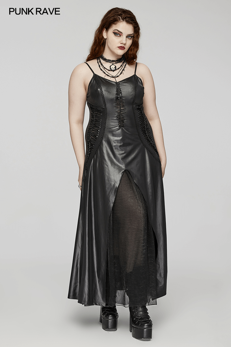 Gothic-inspired black maxi dress with thigh-high slit and lace-up detailing, paired with layered necklaces and platform boots.