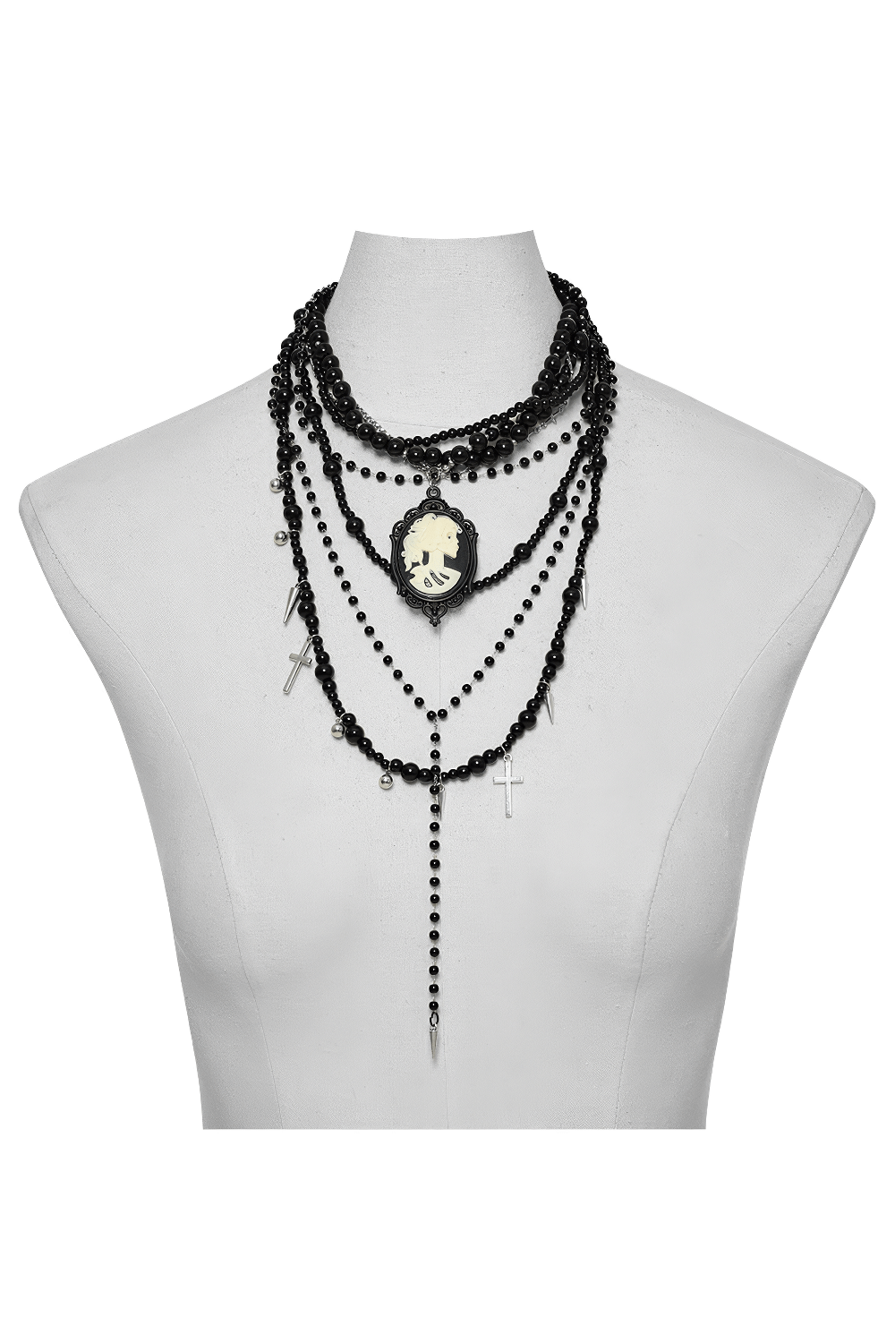 Layered women's Gothic black beaded necklace with skull cameo and cross pendants.