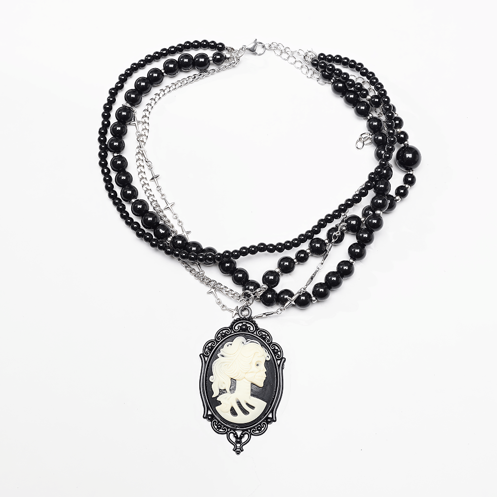 Women's Gothic black beaded necklace featuring a skull cameo and metal cross pendants for a dark, elegant look.