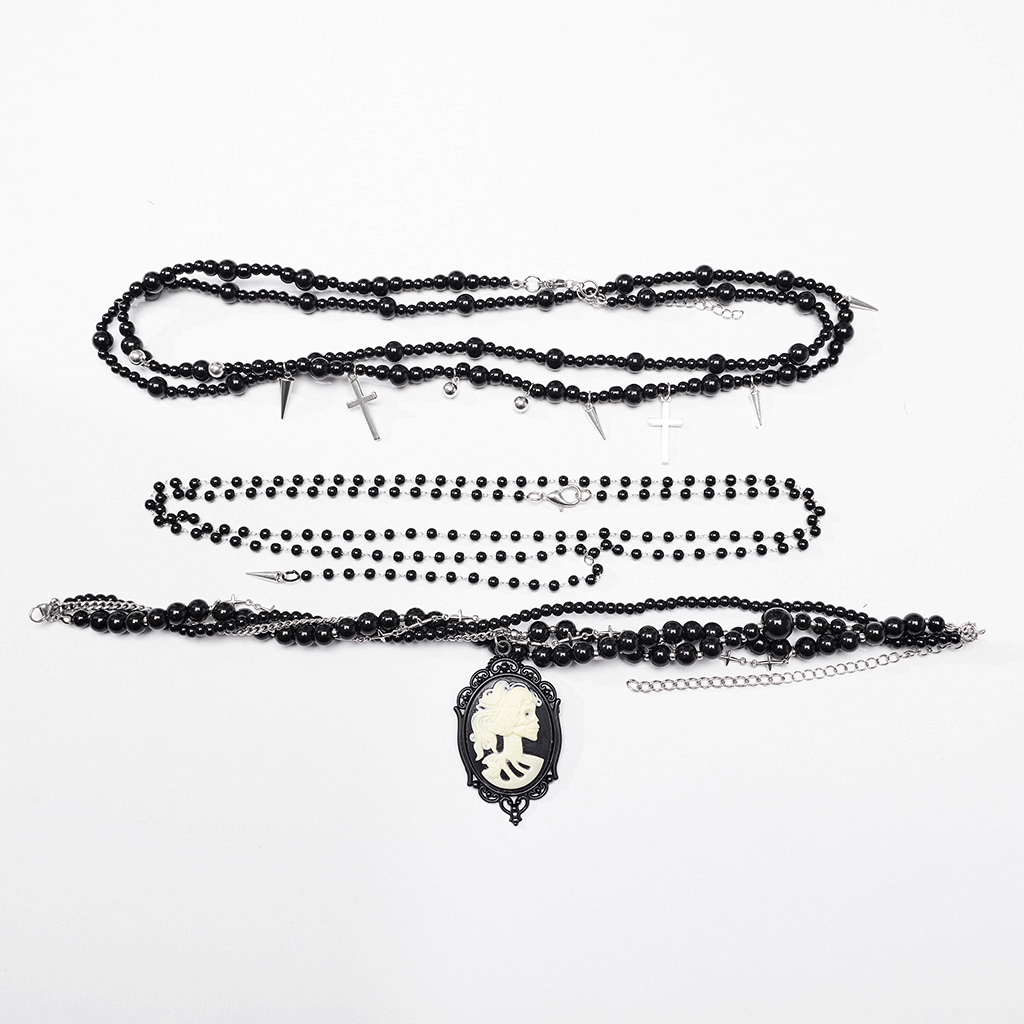Women's Gothic black beaded necklace featuring cross pendants and a skull cameo, ideal for edgy fashion.