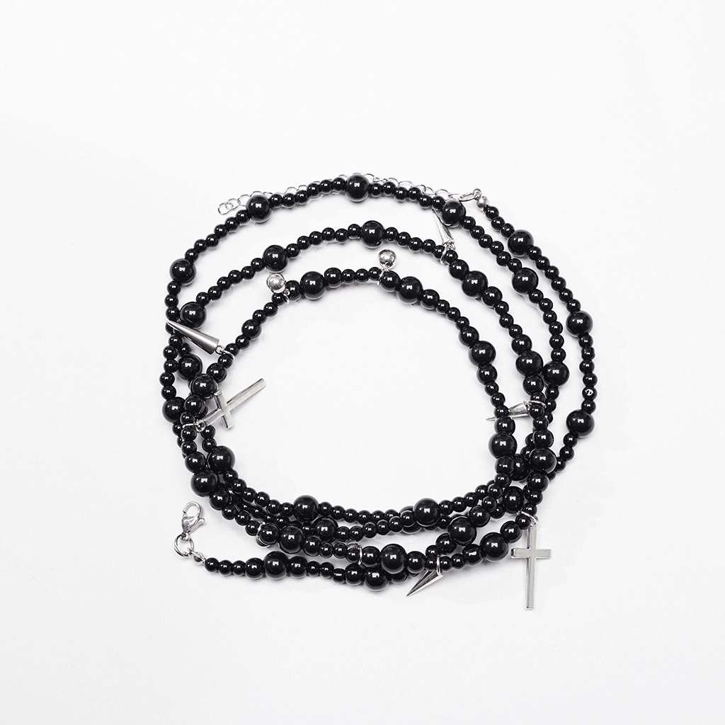 Women's Gothic black beaded necklace featuring layered chains and cross pendants, perfect for a dark, elegant look.