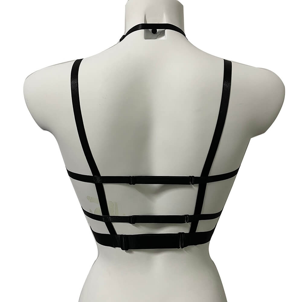 Back view of a women's gothic black bra with stylish straps and an edgy design, perfect for fetish fashion.