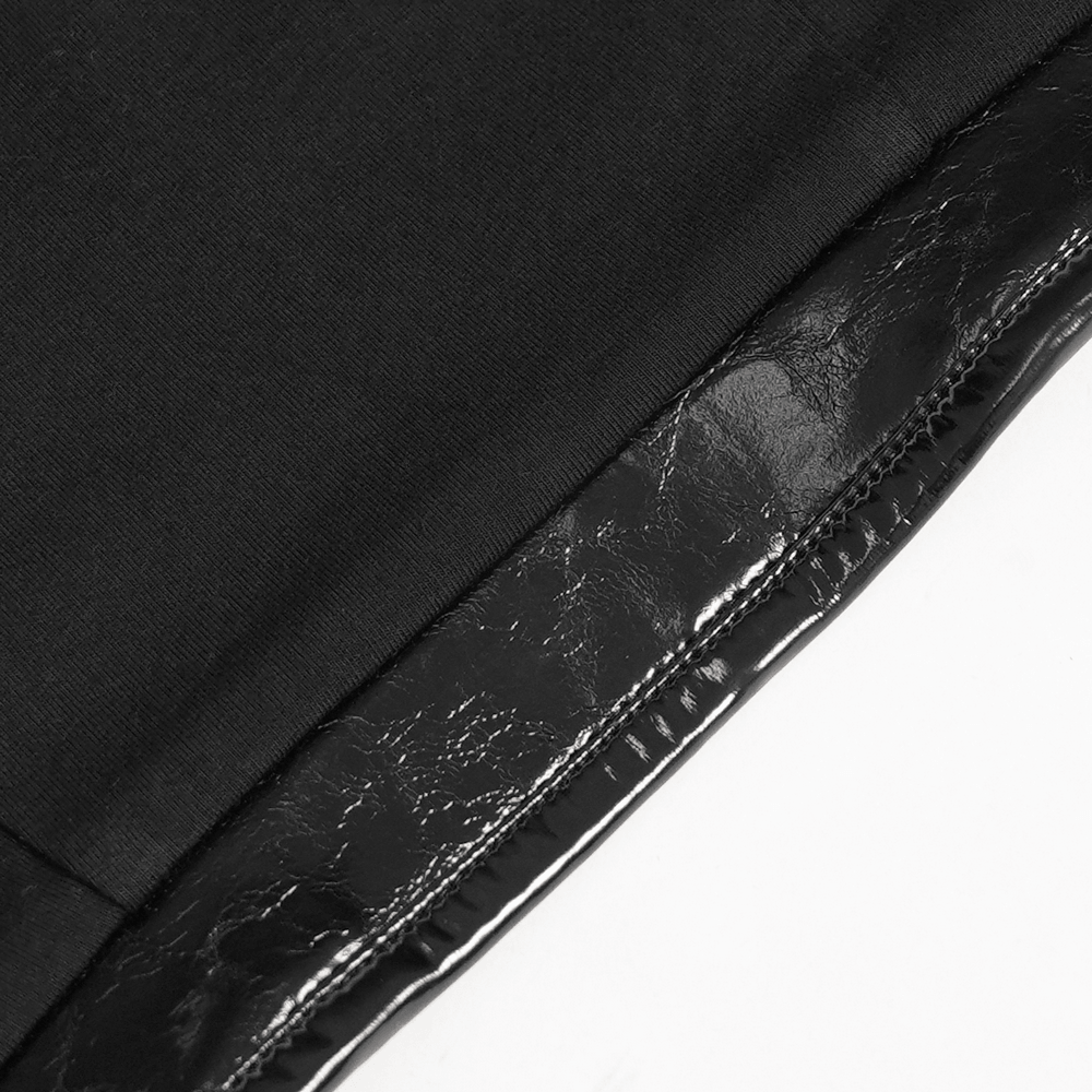 Women's Gothic Black Buckle Strap Zip Front Crop Top black textured and glossy synthetic leather details