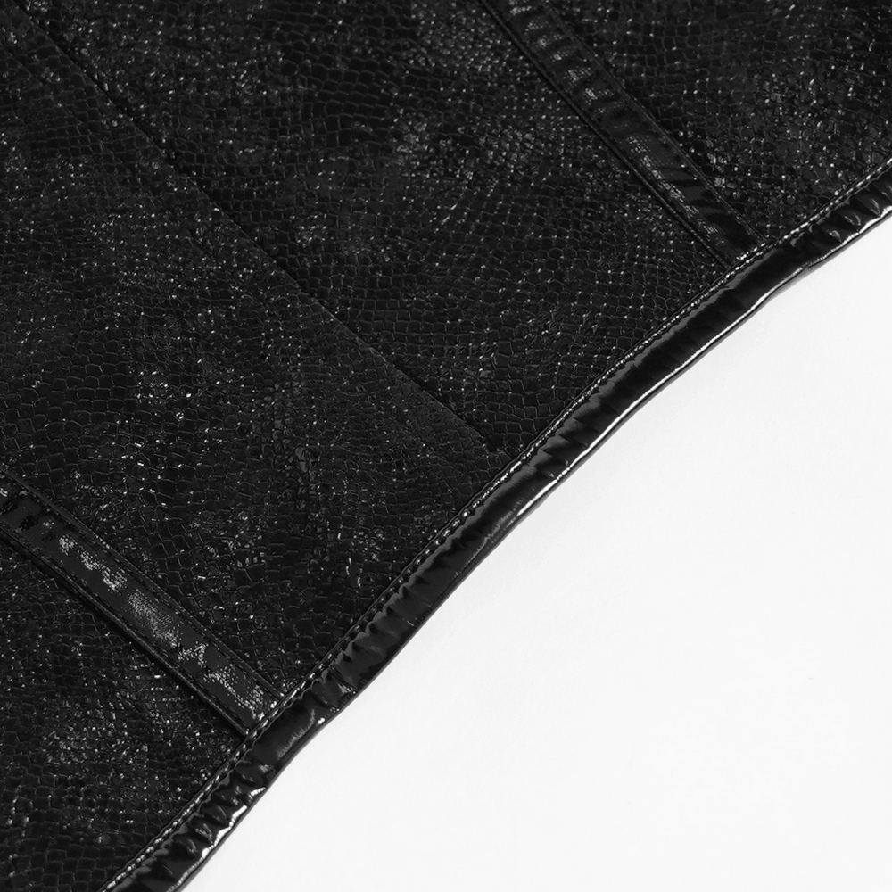 Women's Gothic Black Buckle Strap Zip Front Crop Top black textured cropped vest with glossy leather accents and studded seams
