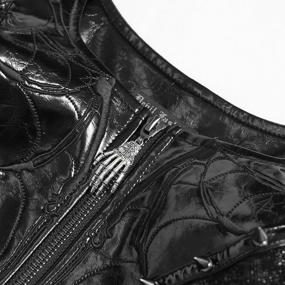 Women's Gothic Black Buckle Strap Zip Front Crop Top, punk black biker bustier with skeletal hand zipper pull and studs