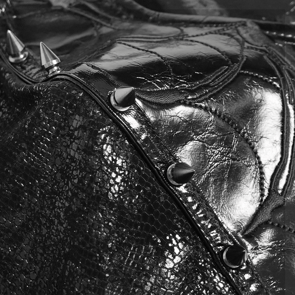 Women's Gothic Black Buckle Strap Zip Front Crop Top black studded punk biker bustier vest with glossy leather and spikes