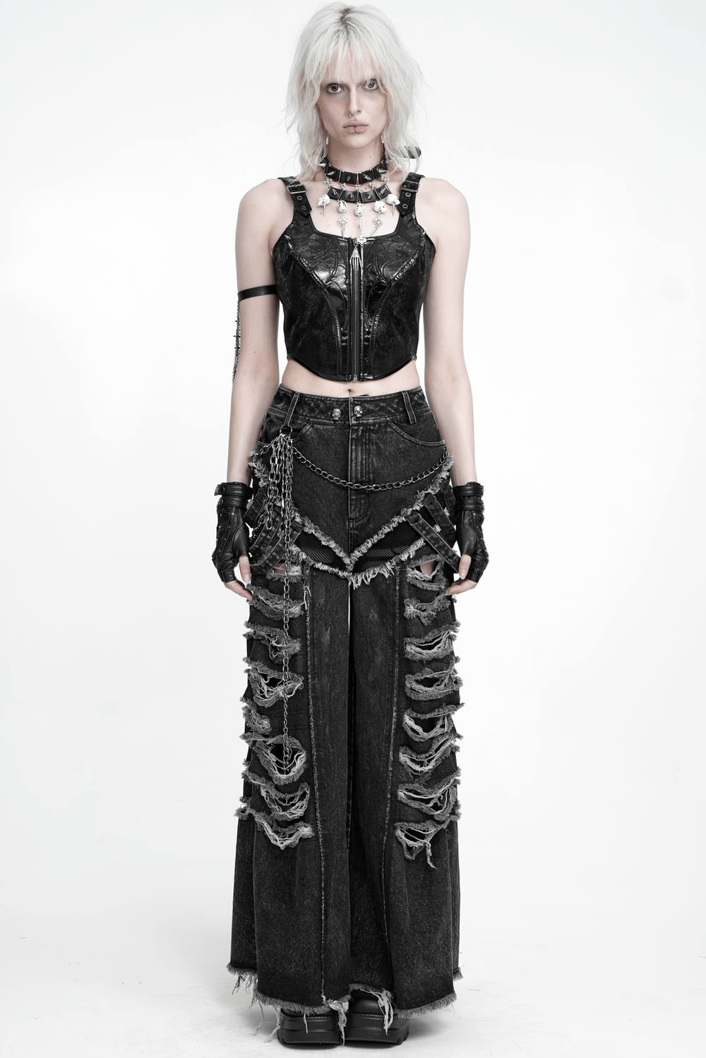 Women's Gothic Black Buckle Strap Zip Front Crop Top, punk industrial sleeveless studded biker bustier vest with skeletal hand zipper