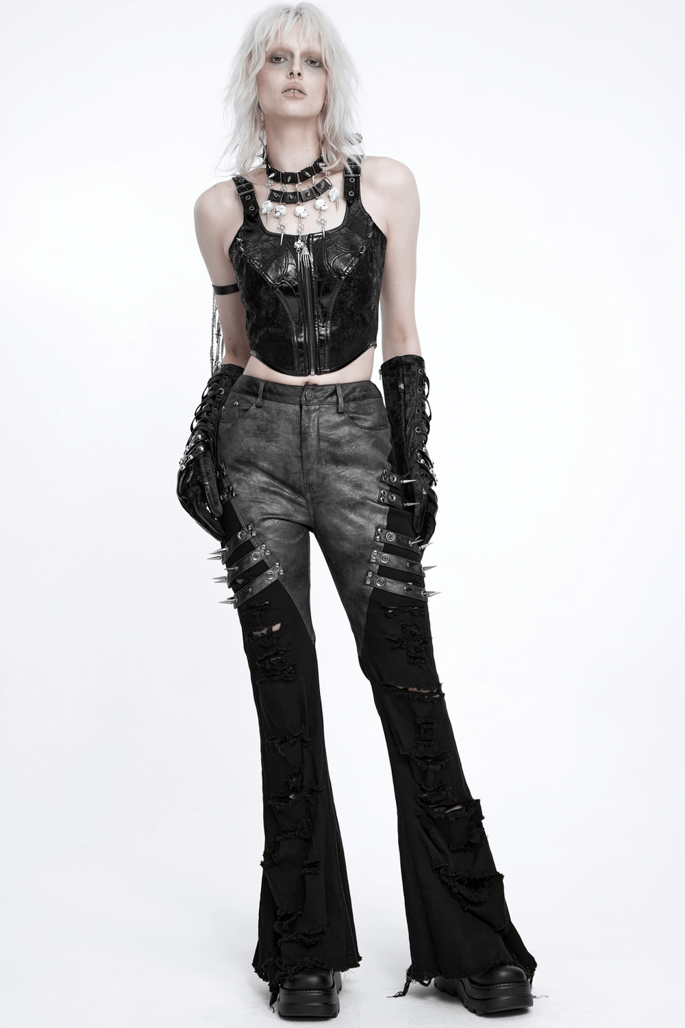 Women's Gothic Black Buckle Strap Zip Front Crop Top, punk industrial studded biker bustier vest in black