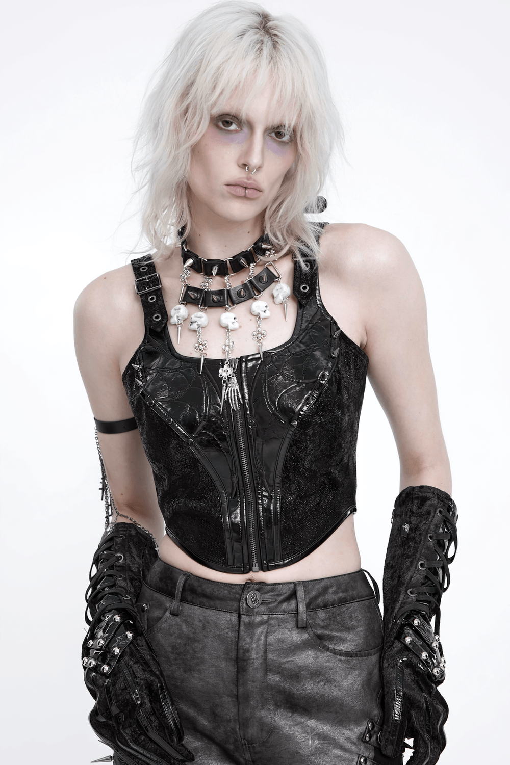 Women's Gothic Black Buckle Strap Zip Front Crop Top, punk industrial sleeveless studded biker bustier vest