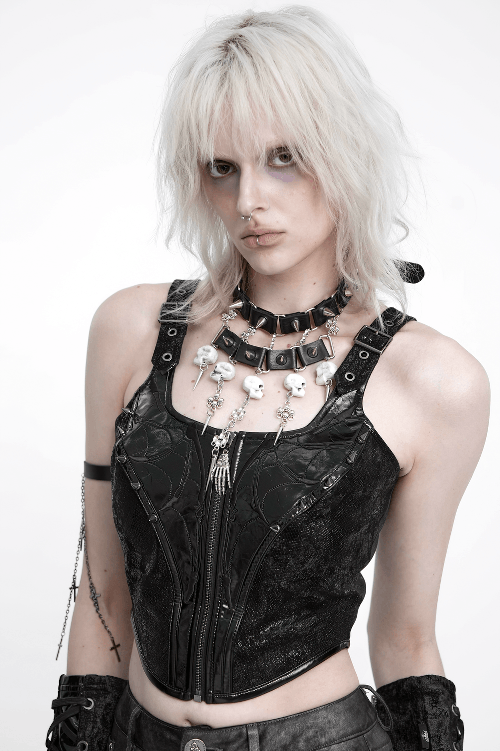 Women's Gothic Black Buckle Strap Zip Front Crop Top, punk studded biker bustier vest with skeletal hand zipper
