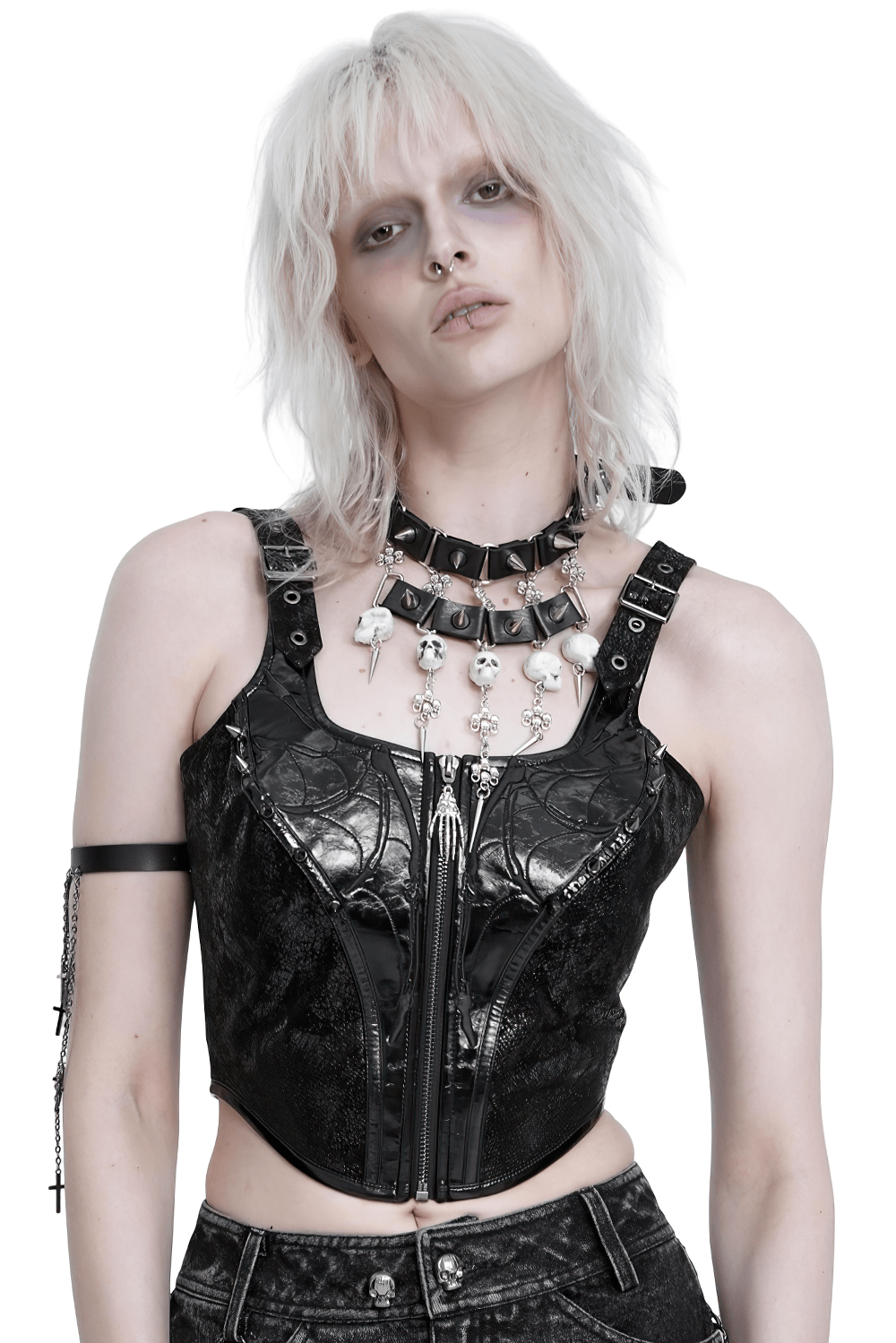 Women's Gothic Black Buckle Strap Zip Front Crop Top punk industrial sleeveless studded biker vest