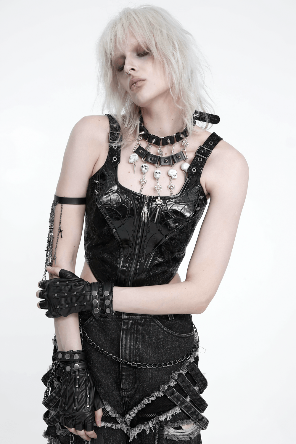 Women's Gothic Black Buckle Strap Zip Front Crop Top, punk industrial sleeveless studded biker bustier vest