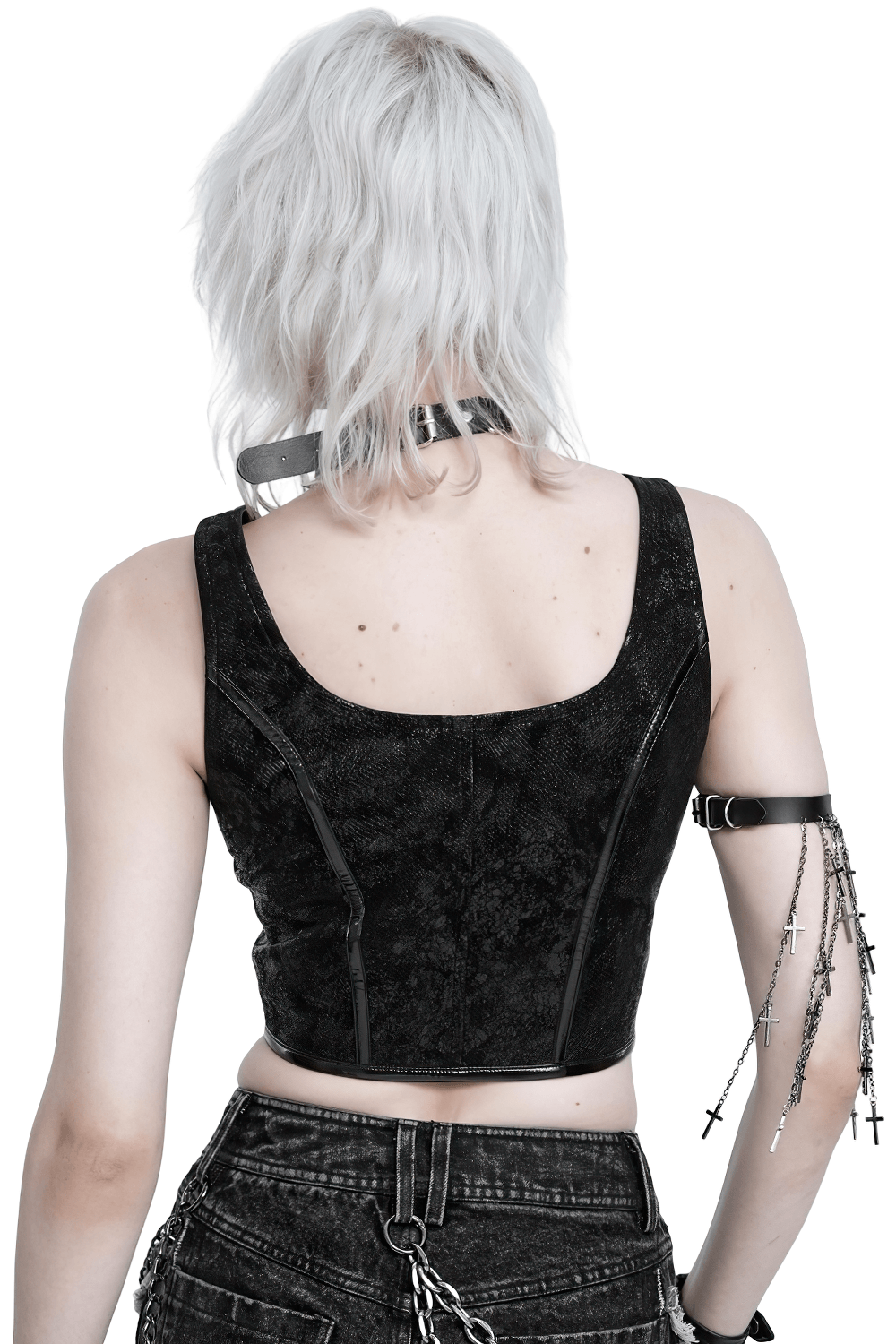 Women's Gothic Black Buckle Strap Zip Front Crop Top, punk industrial sleeveless studded biker vest with buckle straps