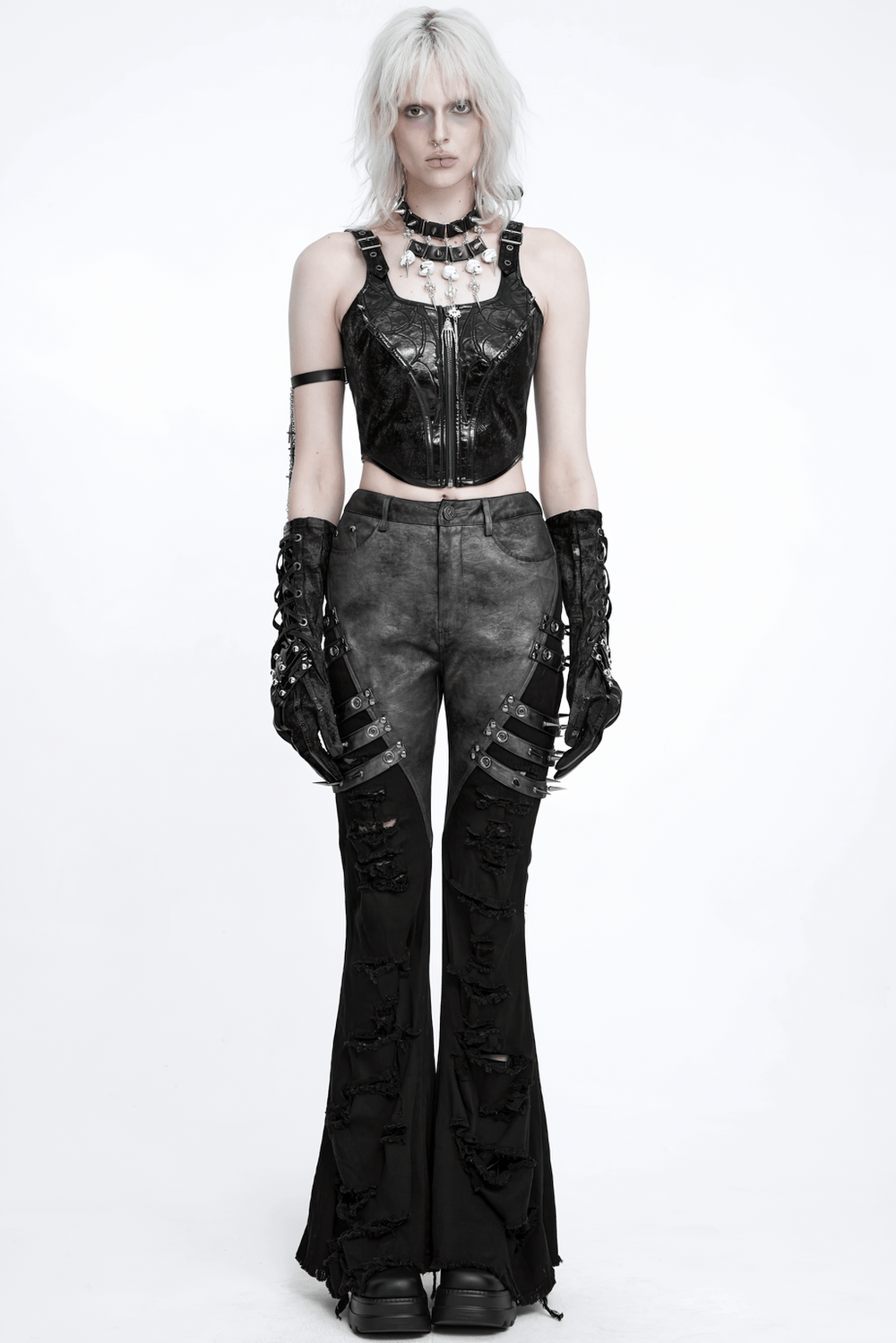 Women's Gothic Black Buckle Strap Zip Front Crop Top punk industrial sleeveless studded biker bustier vest