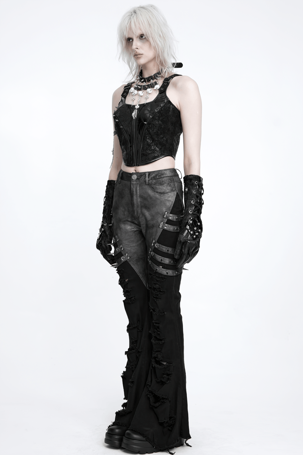 Women's Gothic Black Buckle Strap Zip Front Crop Top, punk industrial sleeveless studded biker bustier vest with buckles