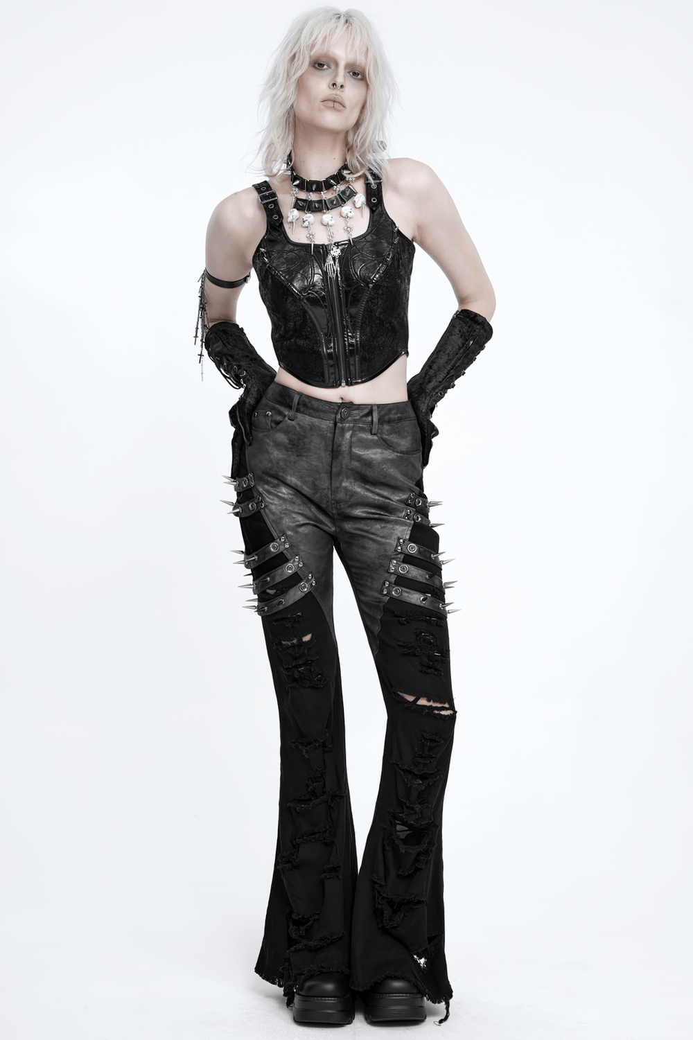 Women's Gothic Black Buckle Strap Zip Front Crop Top punk industrial studded biker bustier vest with silver zipper