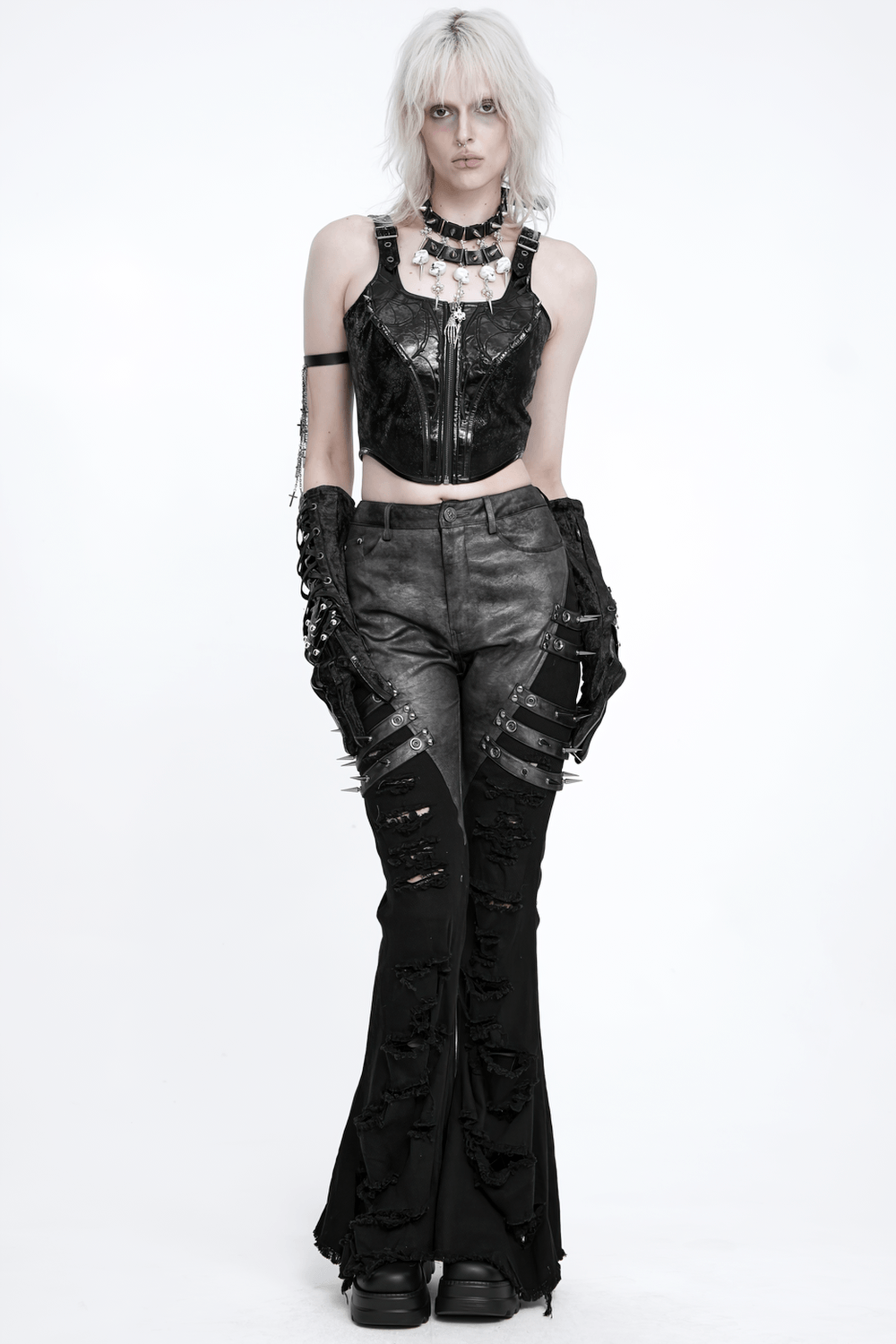 Women's Gothic Black Buckle Strap Zip Front Crop Top punk industrial sleeveless studded biker bustier vest