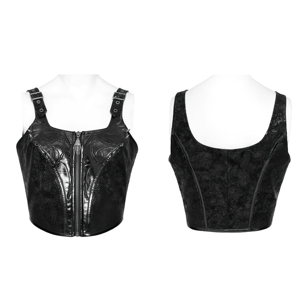 Women's Gothic Black Buckle Strap Zip Front Crop Top black industrial punk bustier vest with studded seams and skeletal hand zipper