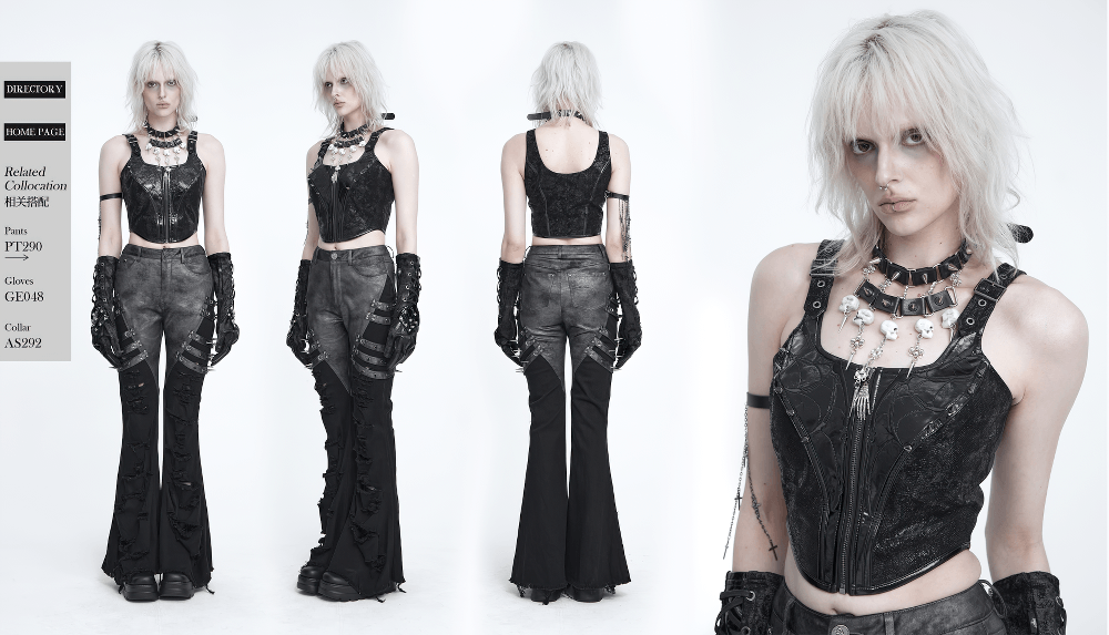 Women's Gothic Black Buckle Strap Zip Front Crop Top, punk industrial sleeveless studded biker bustier vest