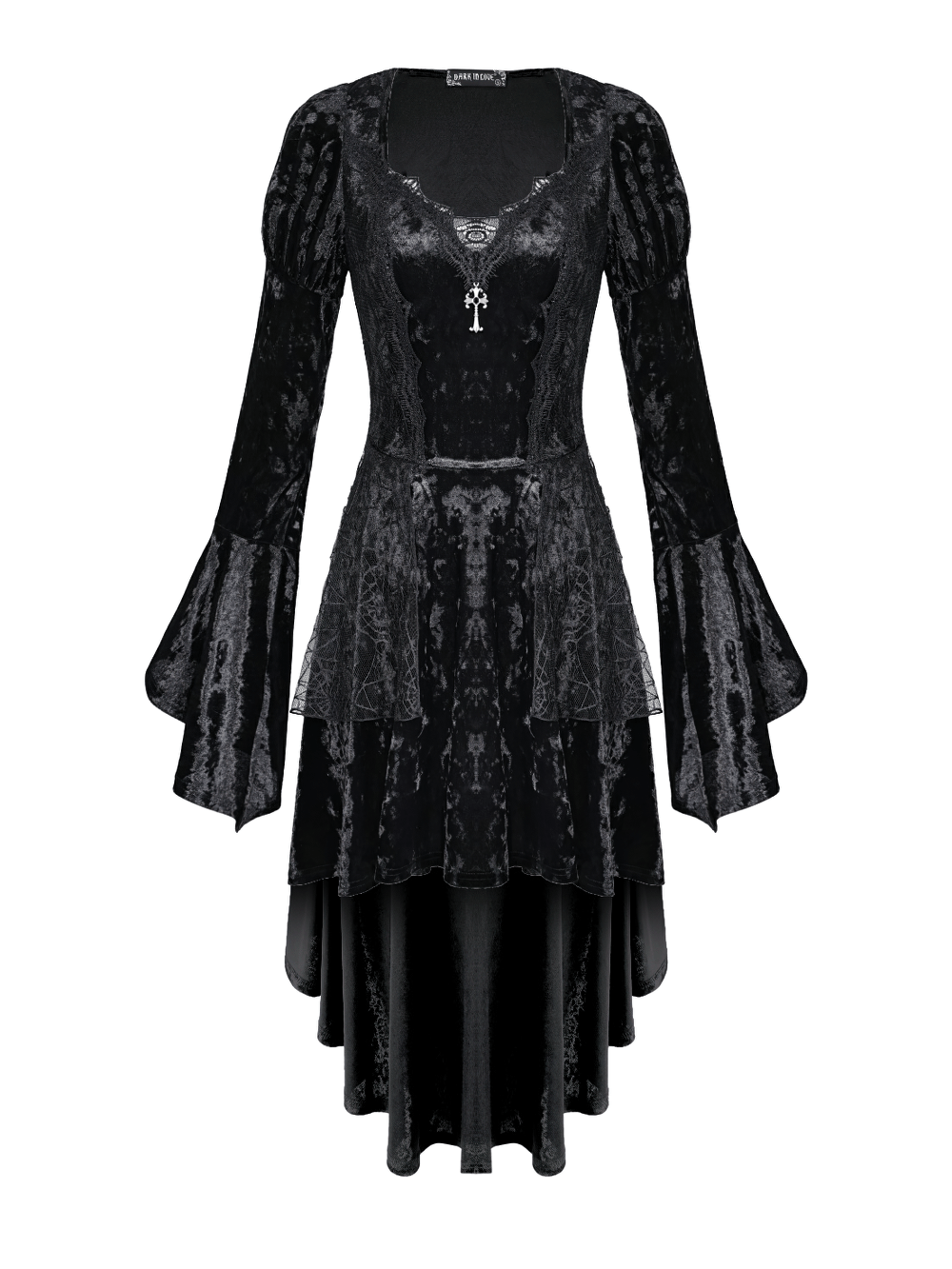 Women's Gothic Black Crushed Velvet High Low Dress with bell sleeves, lace trim, and silver cross charm