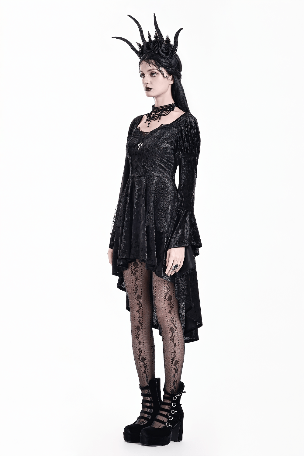 Women's Gothic Black Crushed Velvet High Low Dress with bell sleeves, lace trim, corset lacing, and dramatic high-low hem