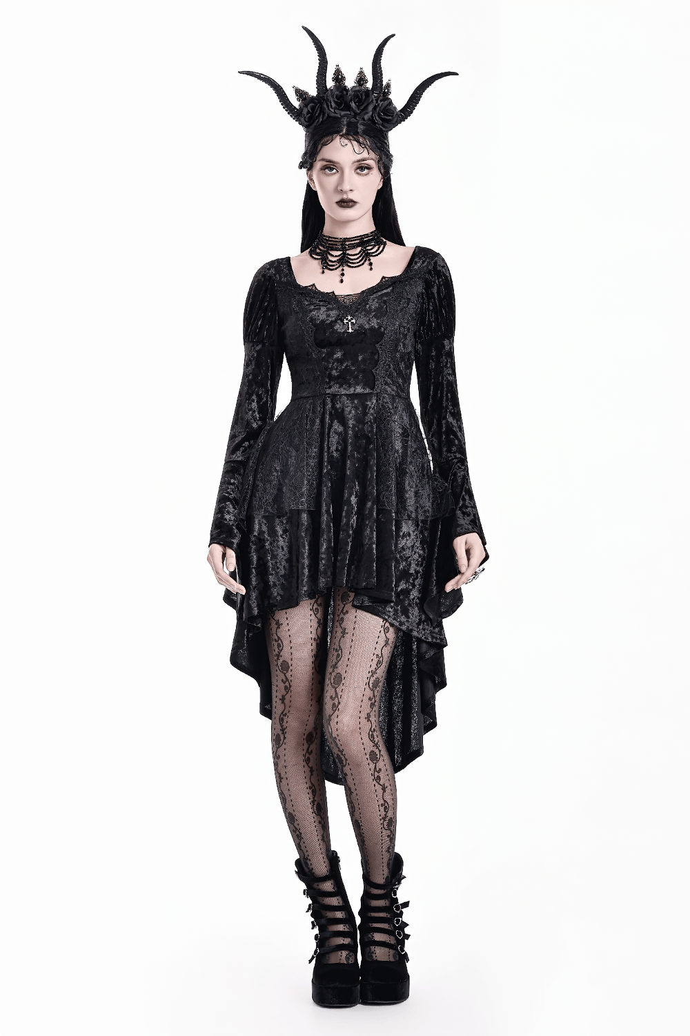 Women's Gothic Black Crushed Velvet High Low Dress with bell sleeves, lace trim, and dramatic gothic style