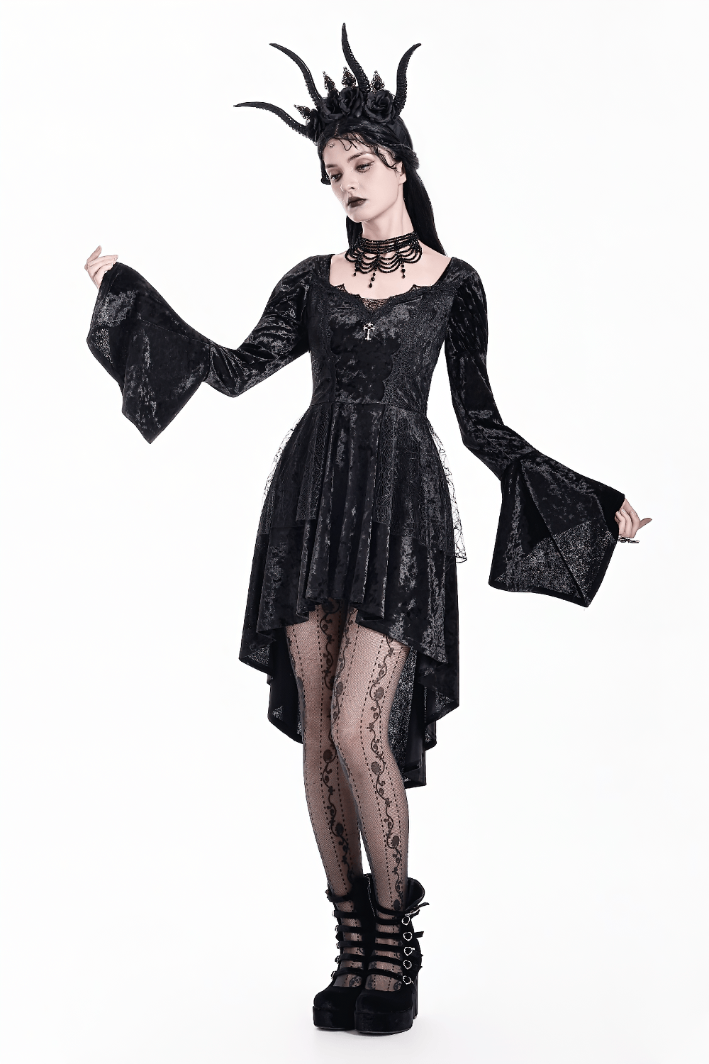 Women's Gothic Black Crushed Velvet High Low Dress with bell sleeves, lace trim, and Victorian dark romance styling