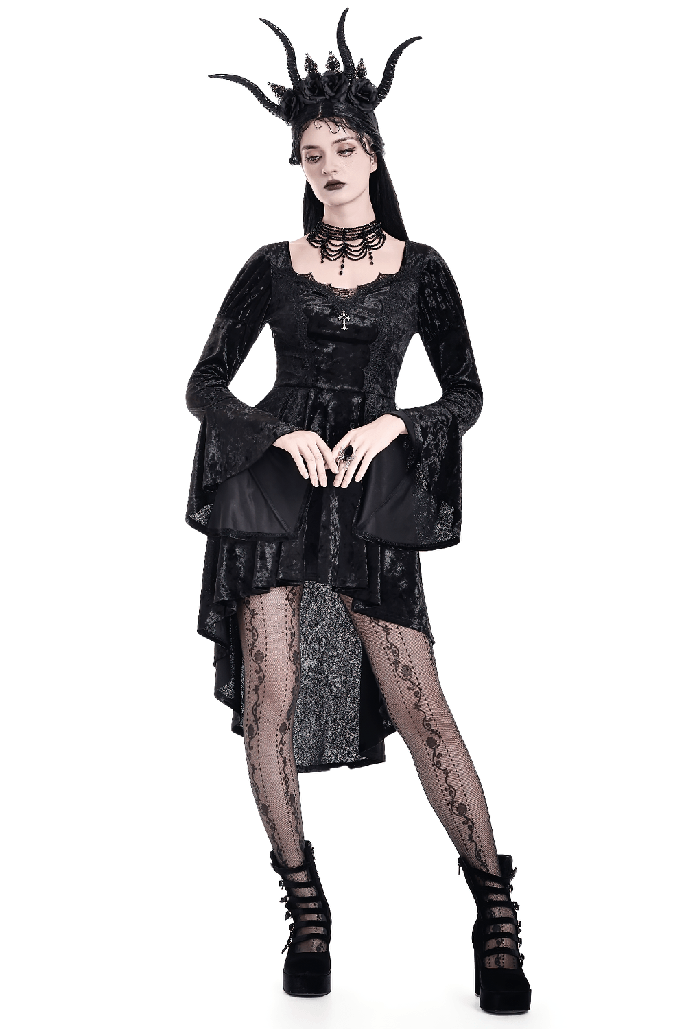 Women's Gothic Black Crushed Velvet High Low Dress with bell sleeves, lace trim, and high-low hem for dark romantic style