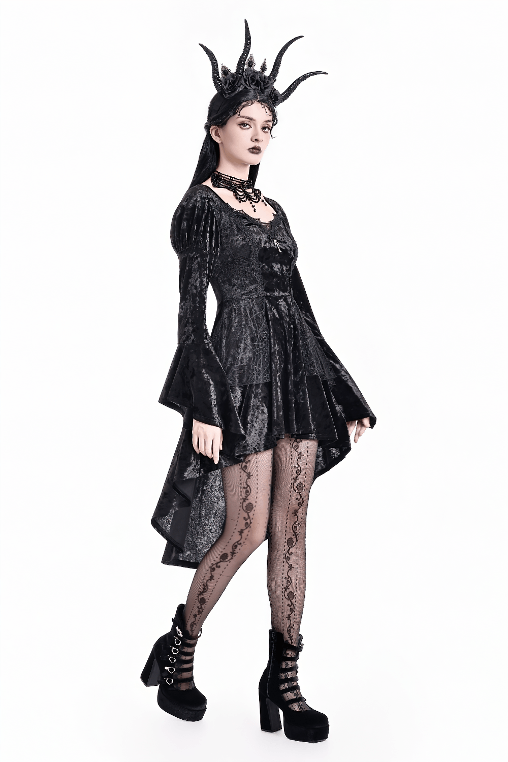 Women's Gothic Black Crushed Velvet High Low Dress with bell sleeves, lace trim, and dark romantic Victorian style