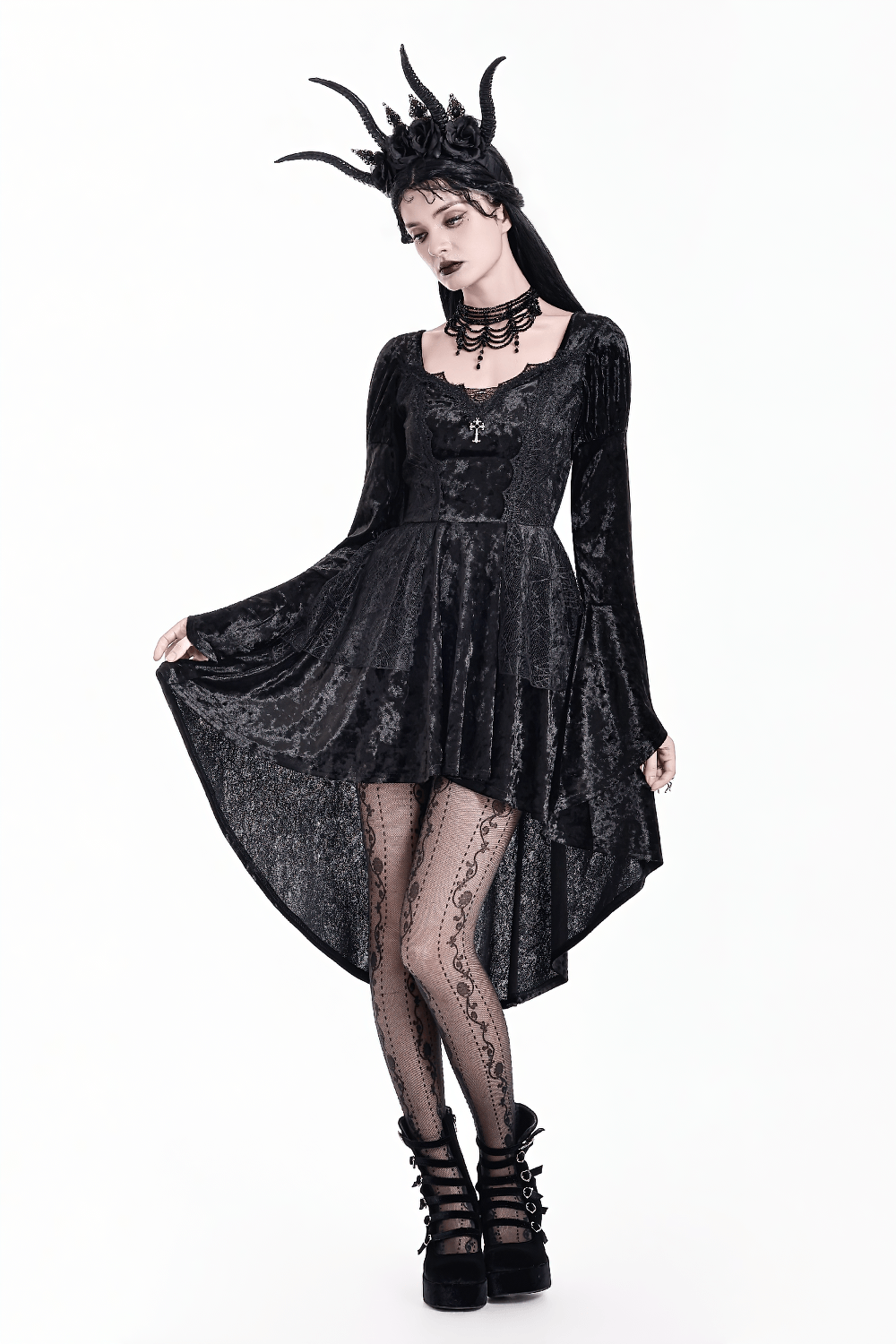 Women's Gothic Black Crushed Velvet High Low Dress with bell sleeves, lace trim, and dramatic sheer high-low hem